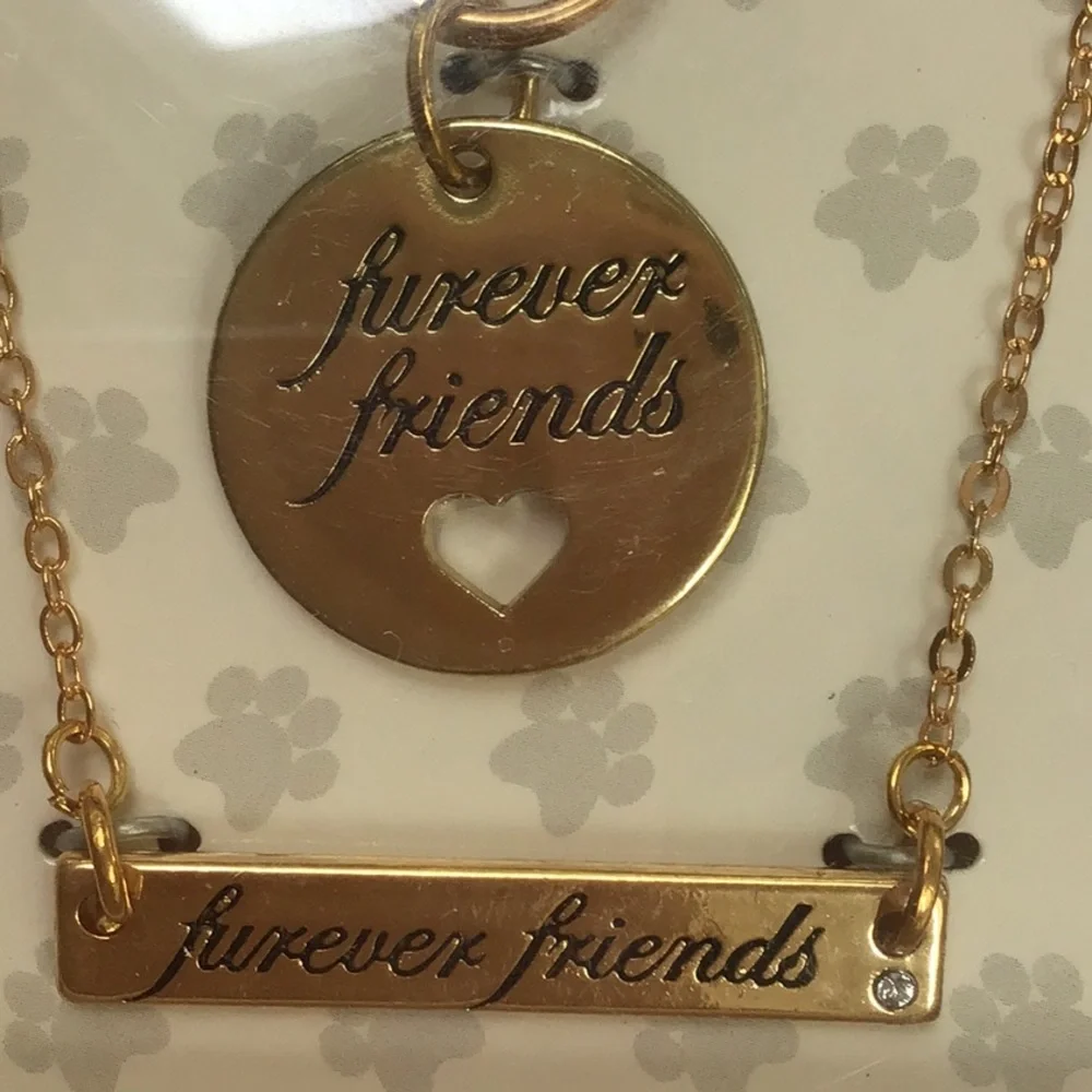 Furever Friends Gold Tone Necklace & Pet Collar Charm Set NWT